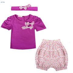 Adorable 3 Piece Set. Purple Headband Shirt and Shorts - DestinationBaby