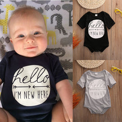 "Hello, Im new here" Baby Onesie Romper Black or Gray - DestinationBaby
