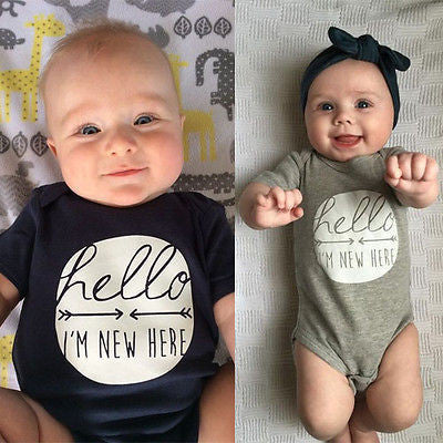 "Hello, Im new here" Baby Onesie Romper Black or Gray