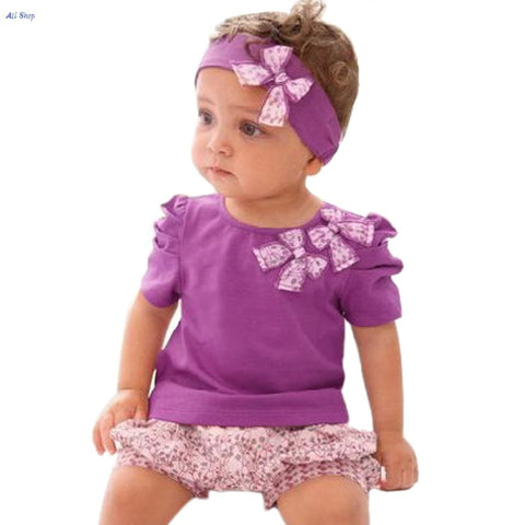 Adorable 3 Piece Set. Purple Headband Shirt and Shorts