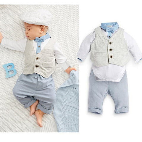 Baby Boys British Style 3 Piece Set. Romper Pants and Vest